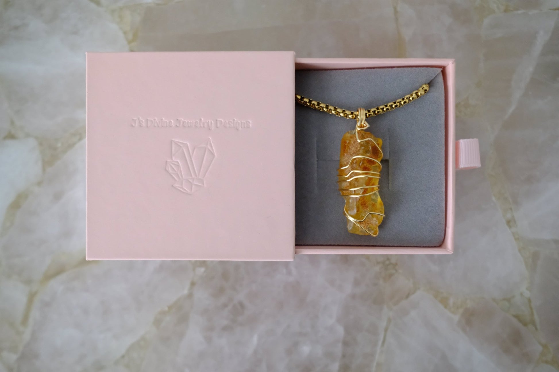 Gold-plated amber necklace in luxury J’s Divine Jewelry Designs gift box, perfect for gifting