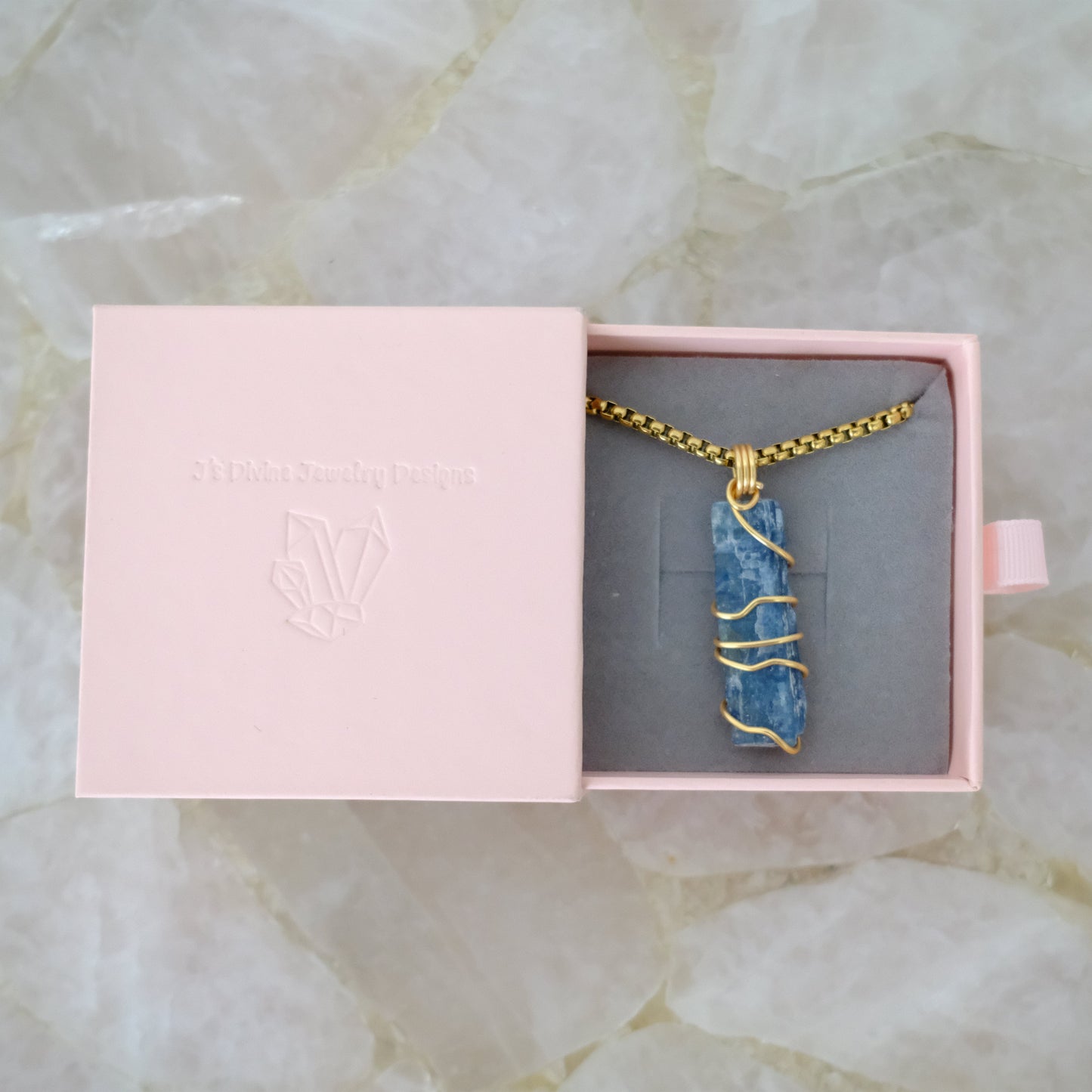 Gold-plated kyanite necklace displayed in J's Divine Jewelry Designs luxury gift box, perfect for gifting