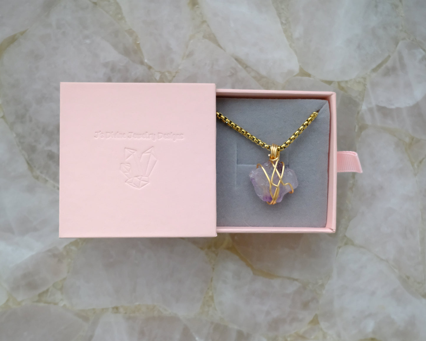 Gold-plated amethyst necklace displayed in J’s Divine Jewelry Designs luxury gift box, perfect for gifting.
