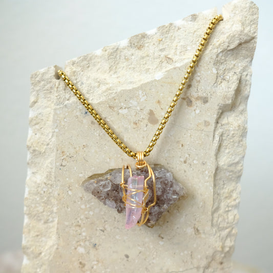 Closeup of handmade Amethyst Geode and Rose Aura Quartz gold-plated necklace, artisan crystal jewelry by J’s Divine Jewelry Designs
