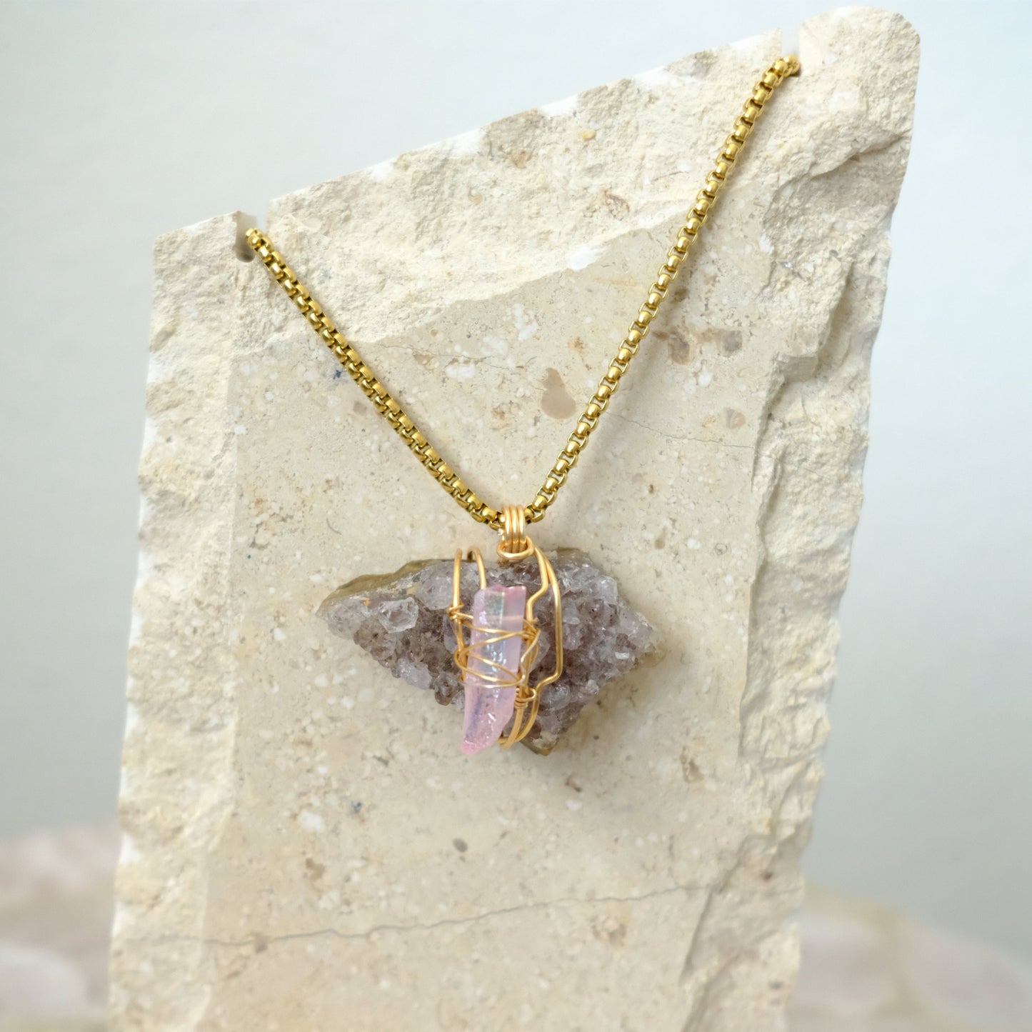 Handmade Amethyst Geode and Rose Aura Quartz necklace with gold plating, spiritual crystal jewelry for love and clarity