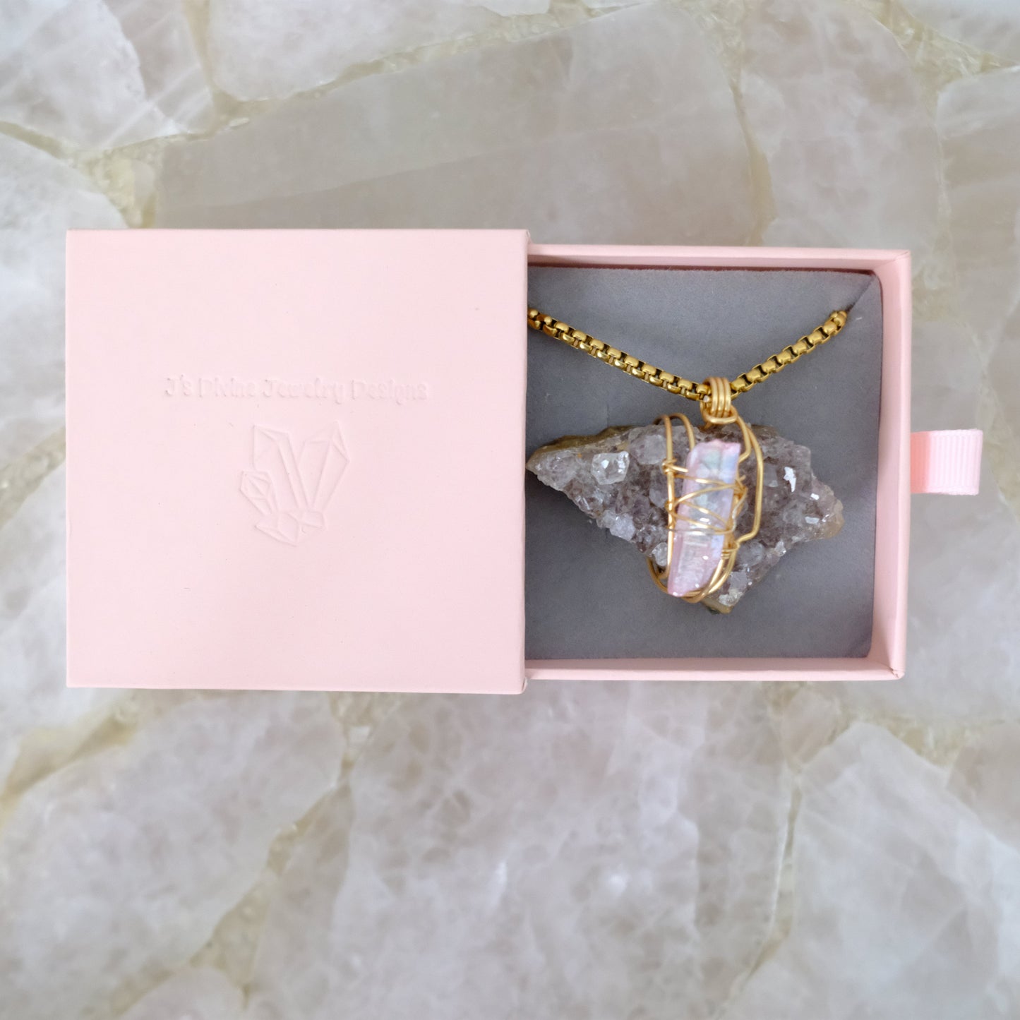 Amethyst Geode and Rose Aura Quartz gold-plated necklace in luxury gift packaging from J’s Divine Jewelry Designs