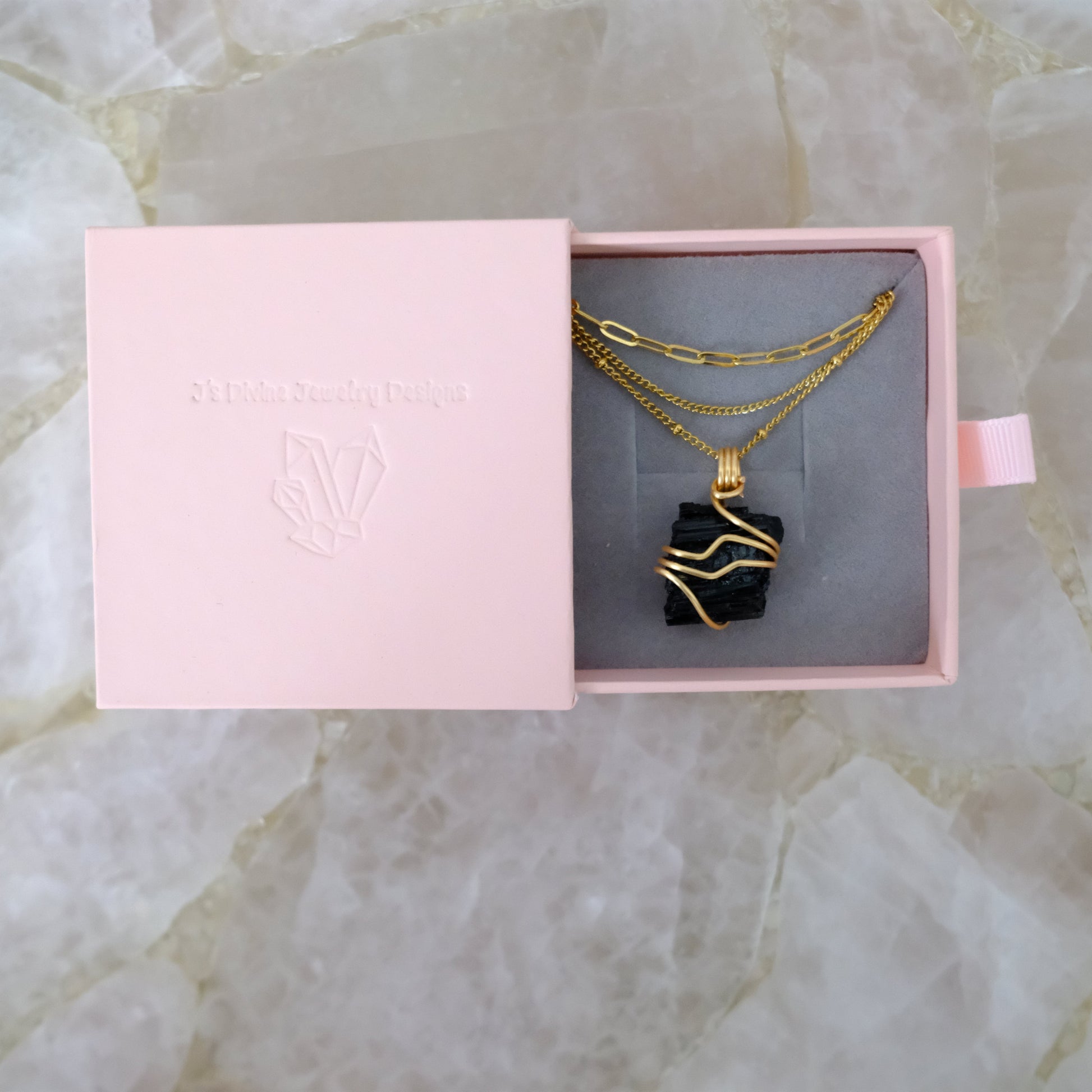 Black Tourmaline triple-layered gold-plated necklace in luxury gift packaging from J’s Divine Jewelry Designs