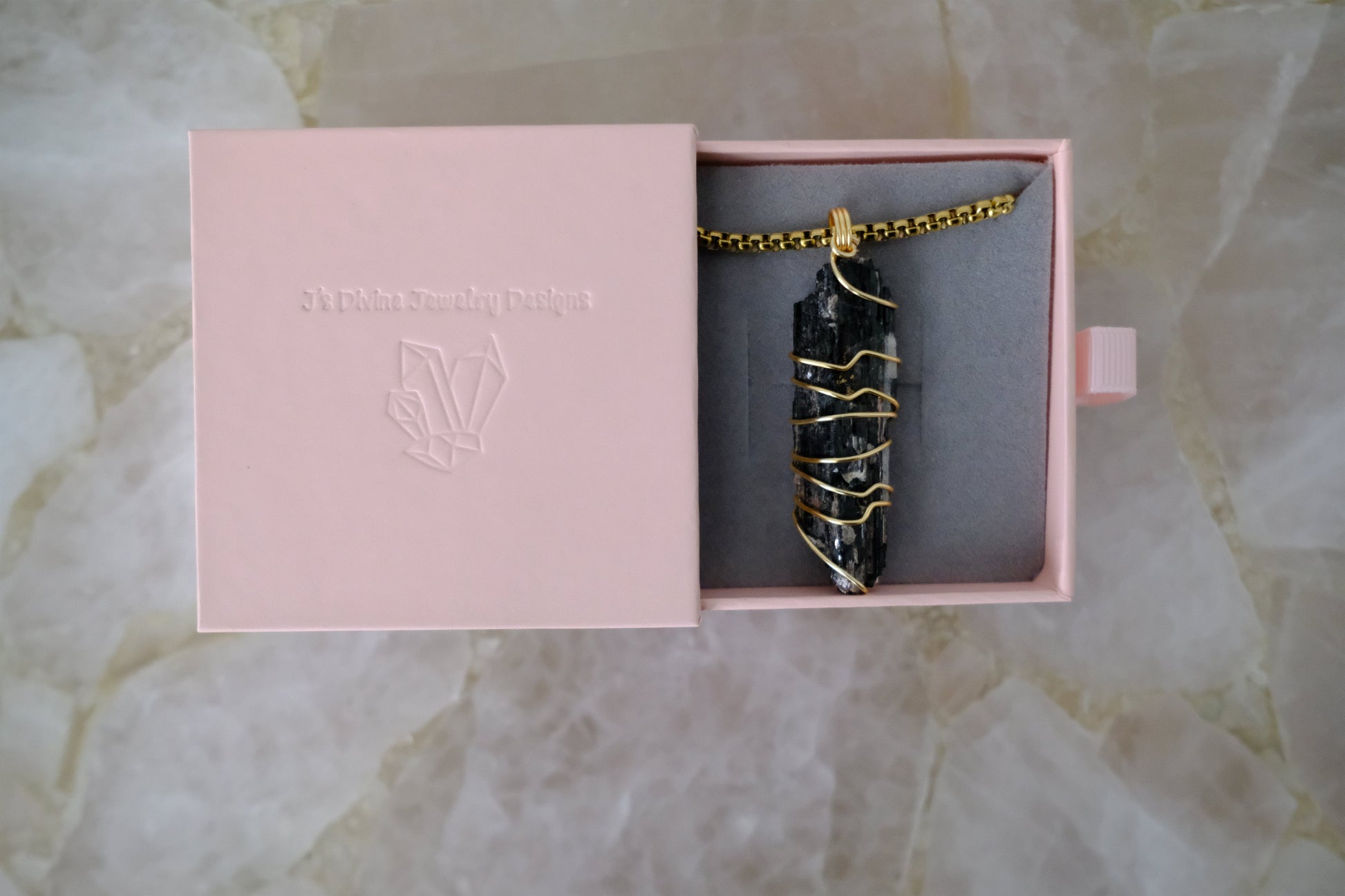 Gold-plated statement black tourmaline necklace in luxury J’s Divine Jewelry Designs gift box, ideal for gifting