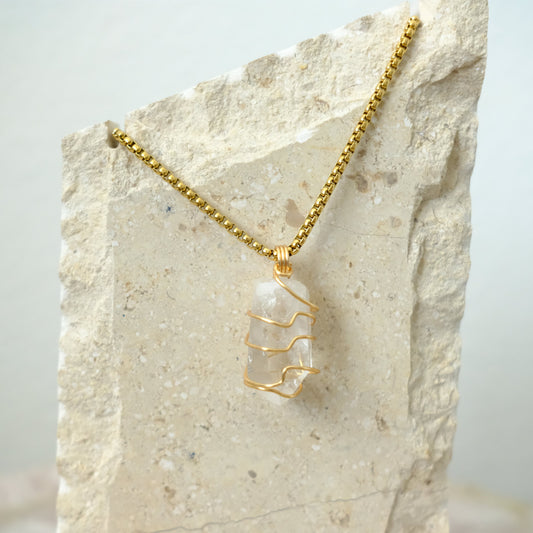 Closeup of handmade Clear Quartz gold-plated necklace, artisan crystal jewelry by J’s Divine Jewelry Designs