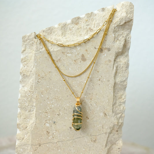 Closeup of handmade Green Phantom Quartz gold-plated layered necklace, artisan crystal jewelry by J’s Divine Jewelry Designs