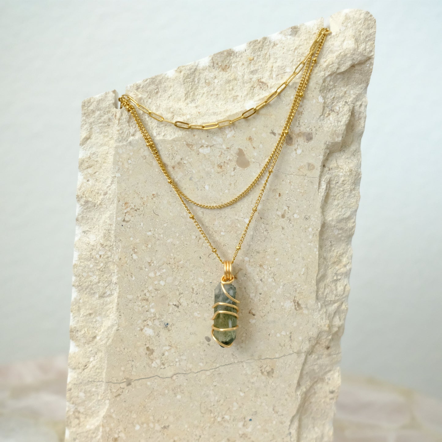 Handmade Green Phantom Quartz layered gold-plated necklace, crystal jewelry for personal growth, transformation, and grounding