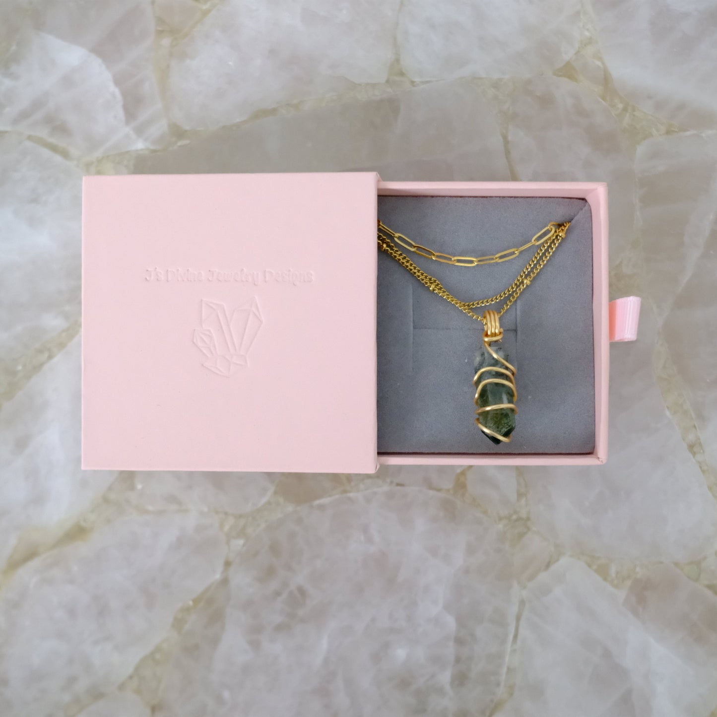 Green Phantom Quartz gold-plated layered necklace in luxury gift packaging from J’s Divine Jewelry Designs
