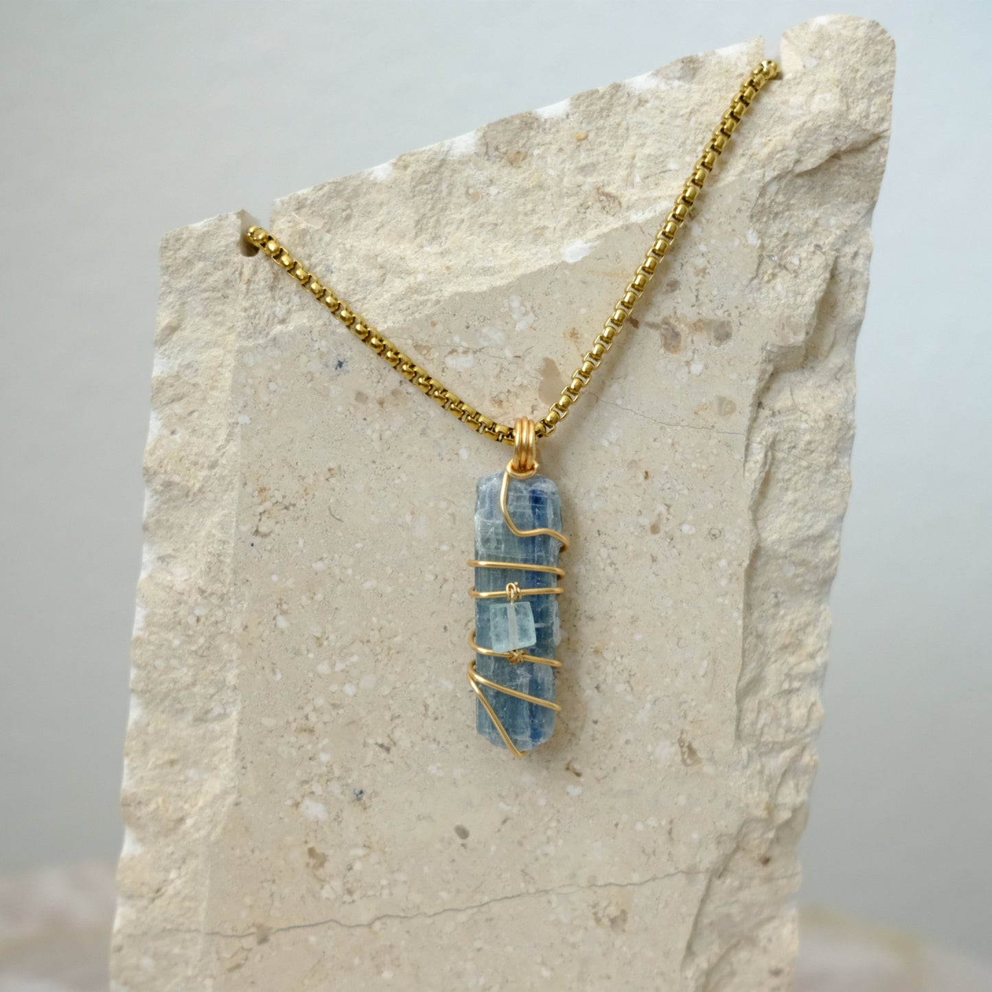Handmade Kyanite and Aquamarine gold-plated necklace, crystal jewelry for alignment, calm, and spiritual clarity