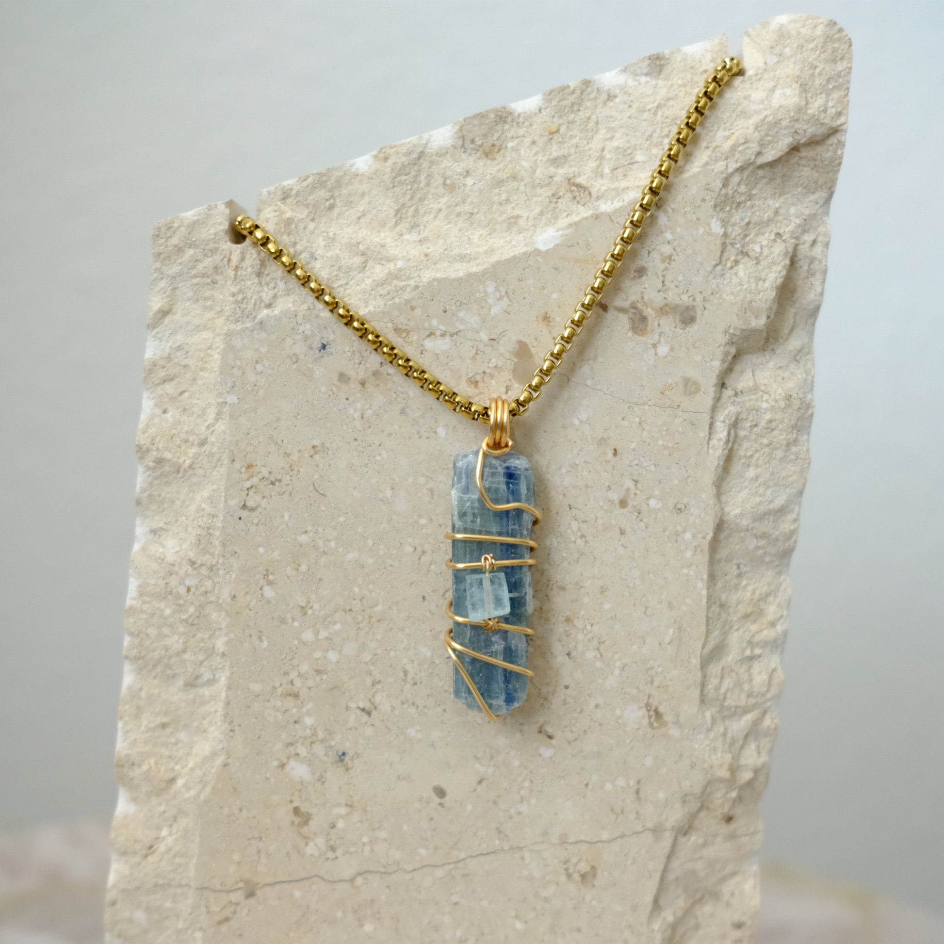 Handmade Kyanite and Aquamarine gold-plated necklace, crystal jewelry for alignment, calm, and spiritual clarity