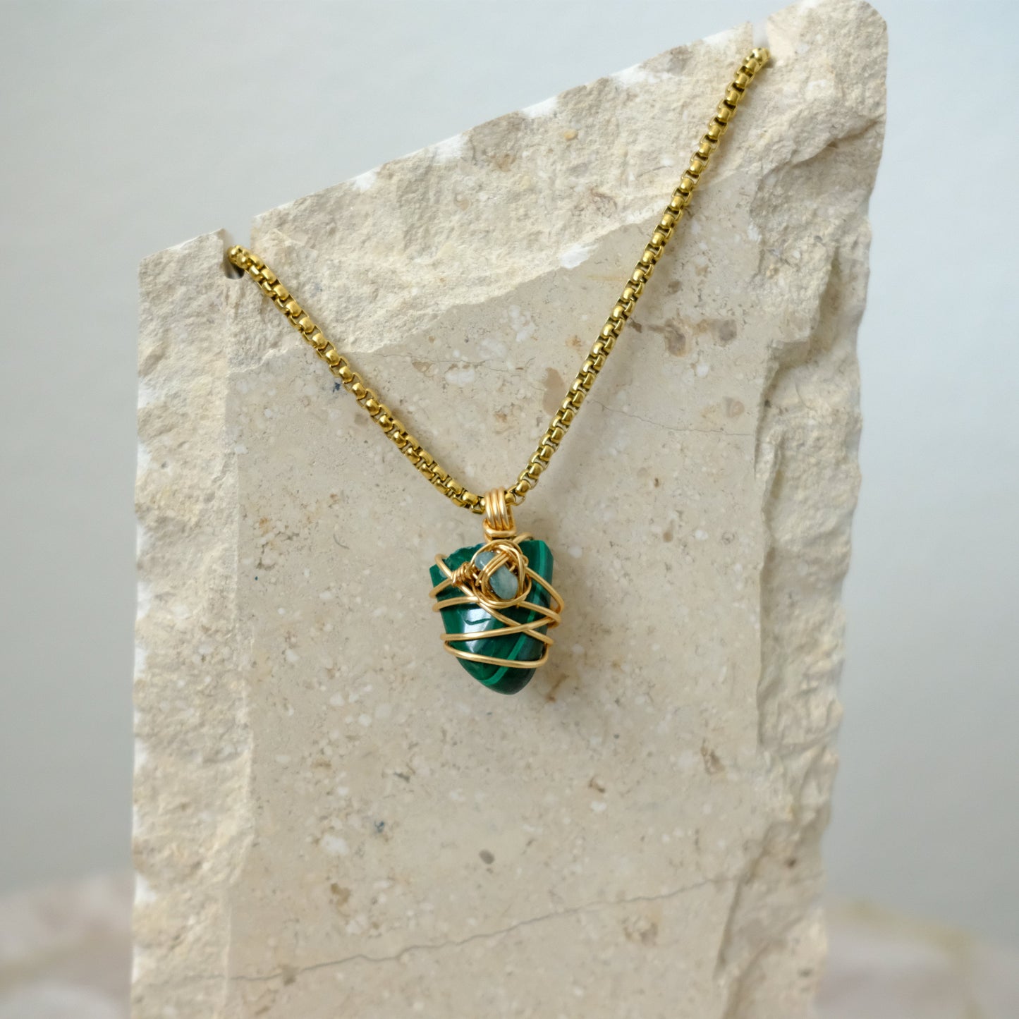 Handmade Malachite and Jade gold-plated necklace, crystal jewelry for protection, balance, and prosperity