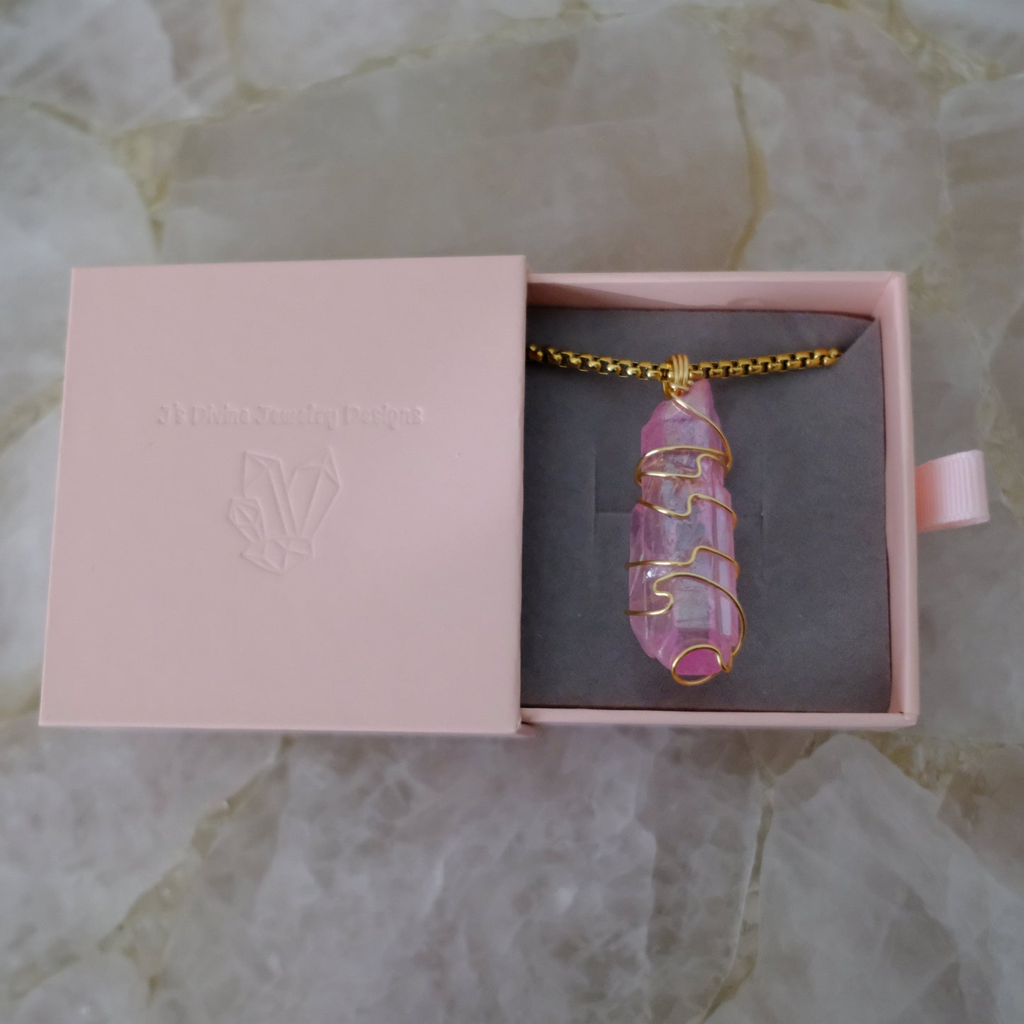 Gold-plated rose aura quartz necklace in luxury J’s Divine Jewelry Designs gift box, perfect for gifting.