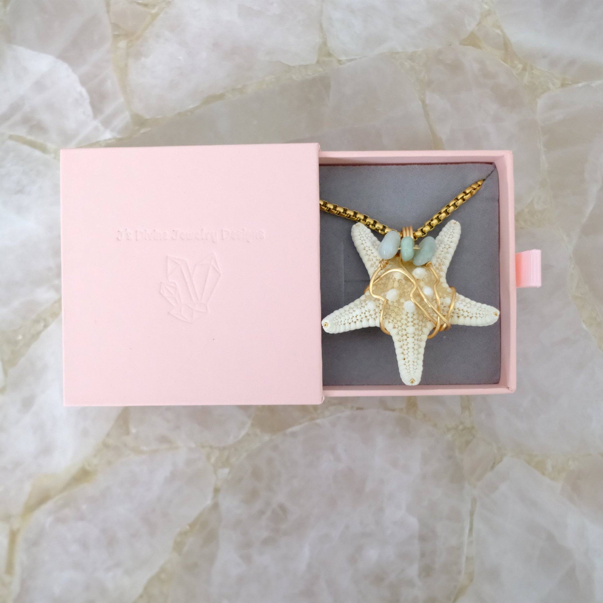 Starfish and jade gold-plated necklace in luxury packaging, artisan crystal jewelry by J’s Divine Jewelry Designs