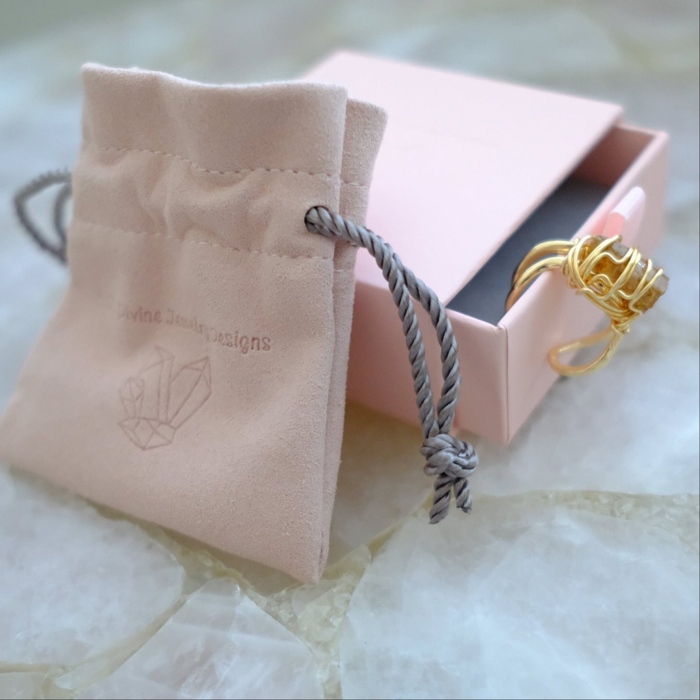 Gold plated golden topaz crystal ring, one of a kind adjustable handmade jewelry piece.