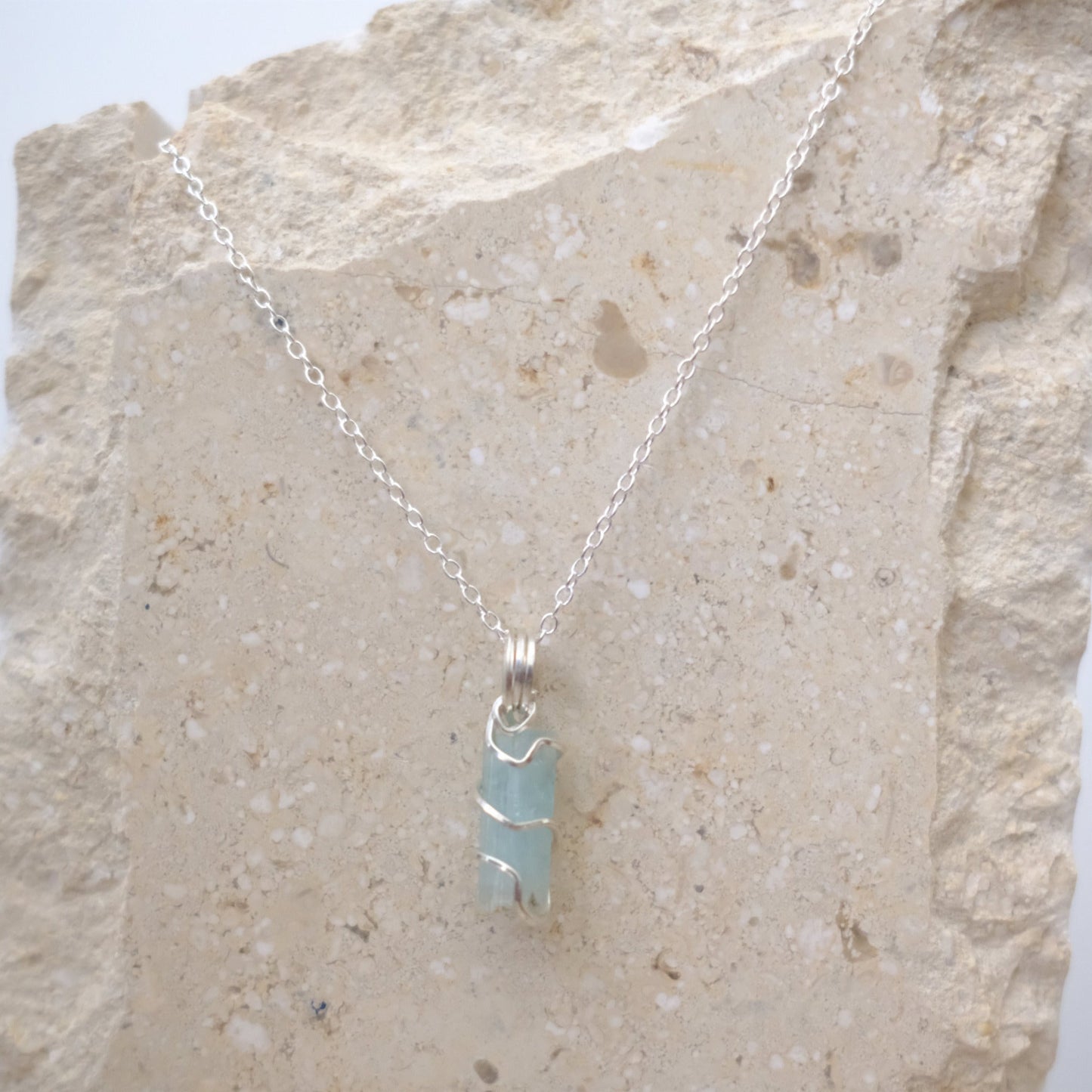 Sterling silver aquamarine necklace close-up of gemstone