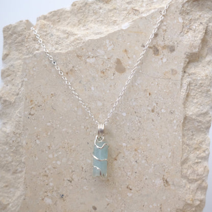 Sterling silver aquamarine necklace close-up of gemstone