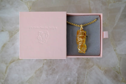 Gold-plated amber necklace in luxury J’s Divine Jewelry Designs gift box, perfect for gifting