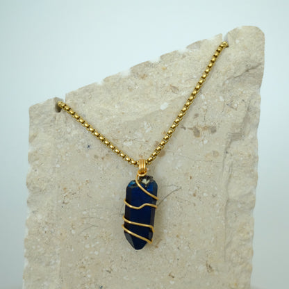 Handmade gold-plated cobalt aura quartz necklace with deep blue iridescent crystal, luxury spiritual jewelry for clarity and confidence