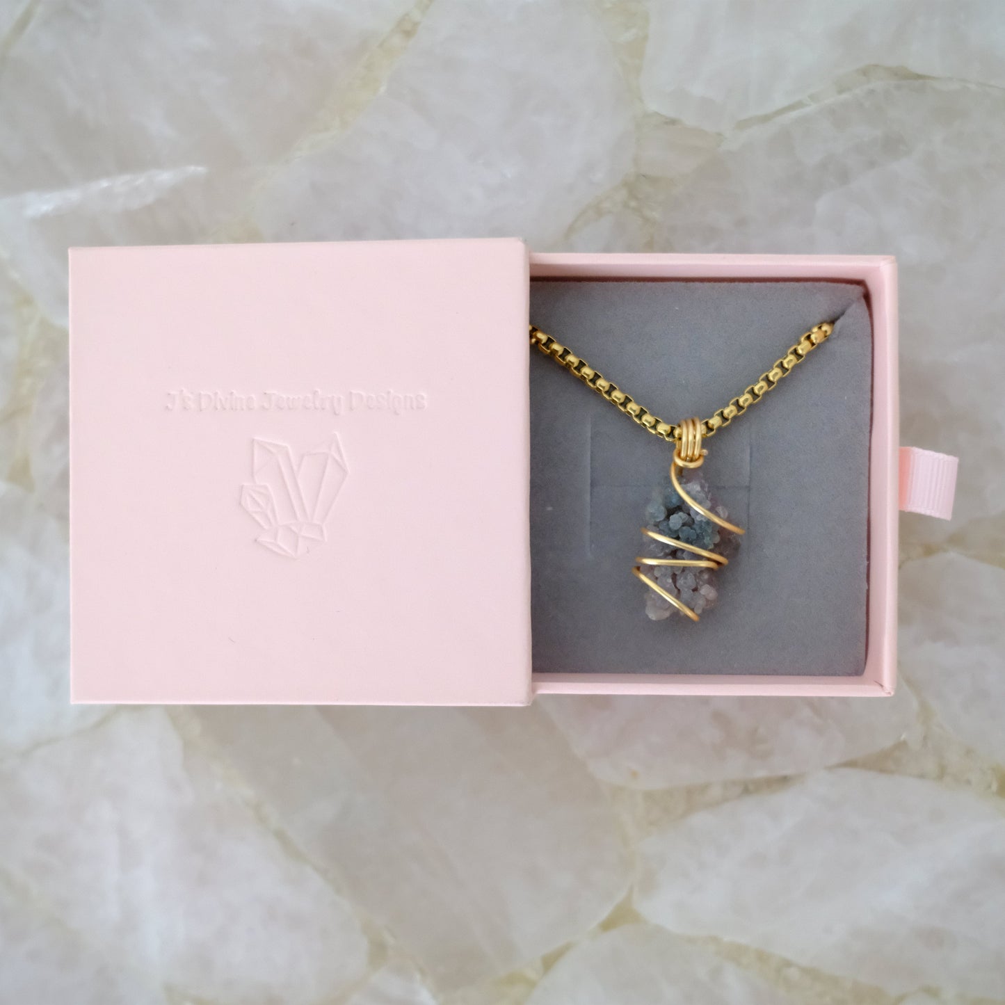 Gold-plated grape agate necklace displayed in Jdivine Jewelry Designs luxury gift box, perfect for gifting.