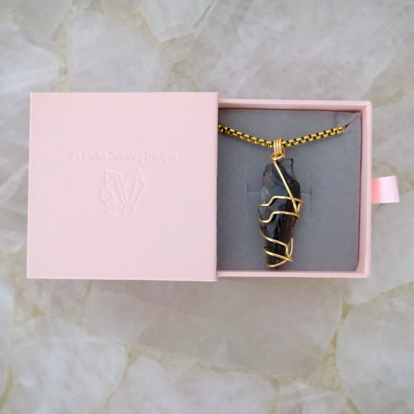 Handmade gold plated Obsidian necklace packaged in luxury gift box from J’s Divine Jewelry Designs