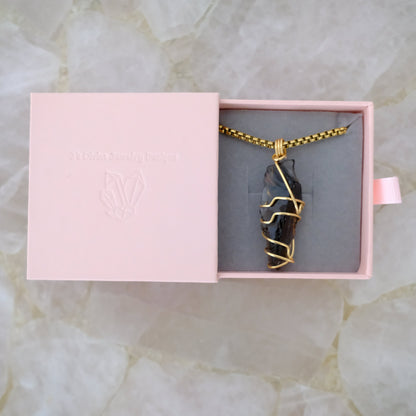 Handmade gold plated Obsidian necklace packaged in luxury gift box from J’s Divine Jewelry Designs