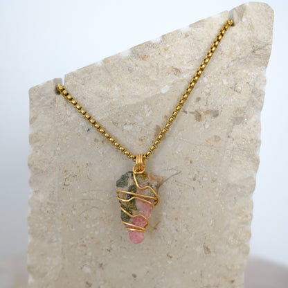 Handmade gold plated rhodochrosite necklace with natural pink gemstone pendant, luxury crystal jewelry