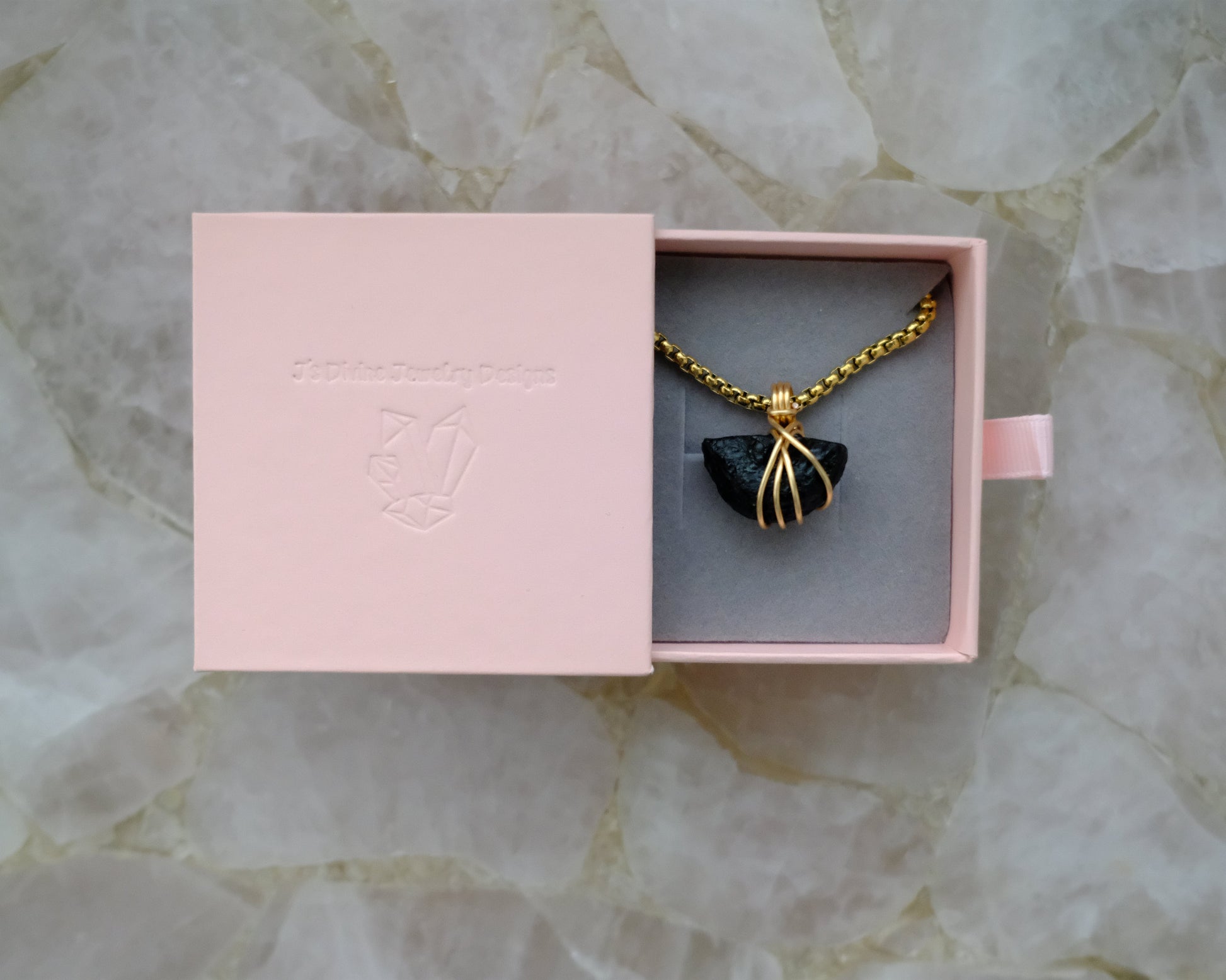Gold-plated tektite necklace displayed in J’s Divine Jewelry Designs luxury gift box, perfect for gifting.