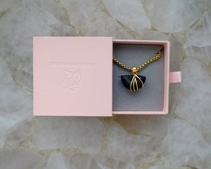 Gold-plated tektite necklace displayed in J’s Divine Jewelry Designs luxury gift box, perfect for gifting.