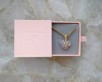 Gold-plated amethyst necklace displayed in J’s Divine Jewelry Designs luxury gift box, perfect for gifting.
