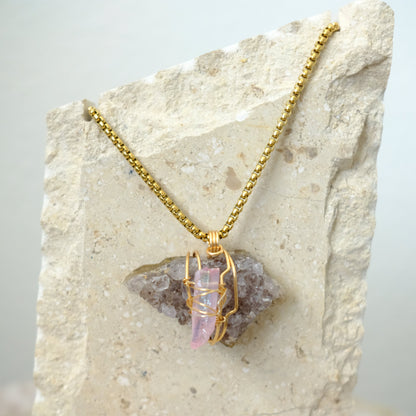 Closeup of handmade Amethyst Geode and Rose Aura Quartz gold-plated necklace, artisan crystal jewelry by J’s Divine Jewelry Designs