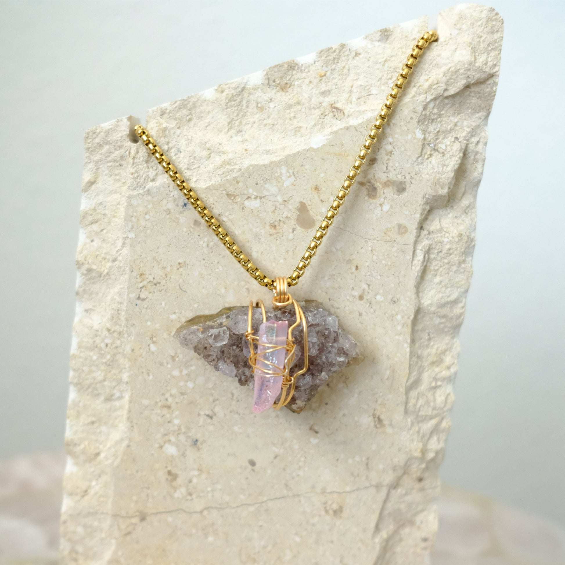 Handmade Amethyst Geode and Rose Aura Quartz necklace with gold plating, spiritual crystal jewelry for love and clarity