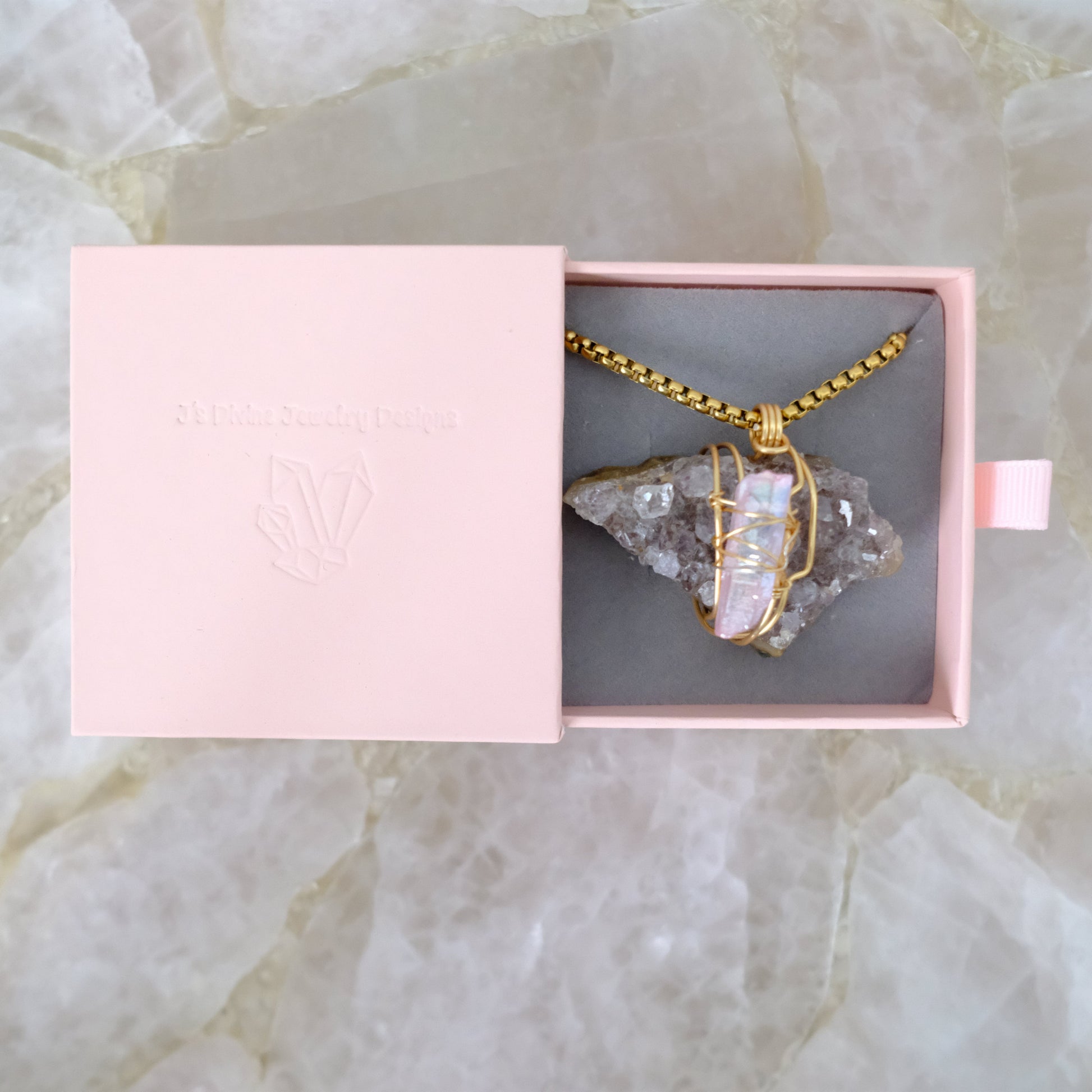 Amethyst Geode and Rose Aura Quartz gold-plated necklace in luxury gift packaging from J’s Divine Jewelry Designs