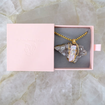 Amethyst Geode and Rose Aura Quartz gold-plated necklace in luxury gift packaging from J’s Divine Jewelry Designs