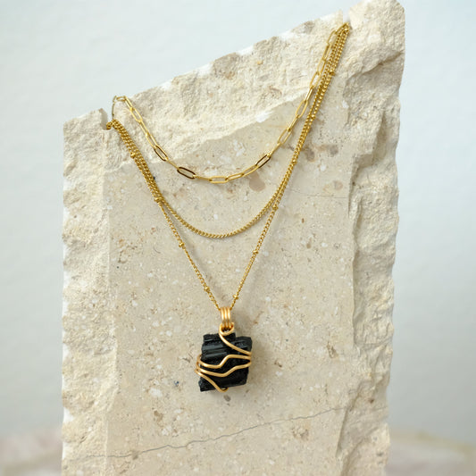 Closeup of handmade triple-layered Black Tourmaline gold-plated necklace, artisan crystal jewelry by J’s Divine Jewelry Designs