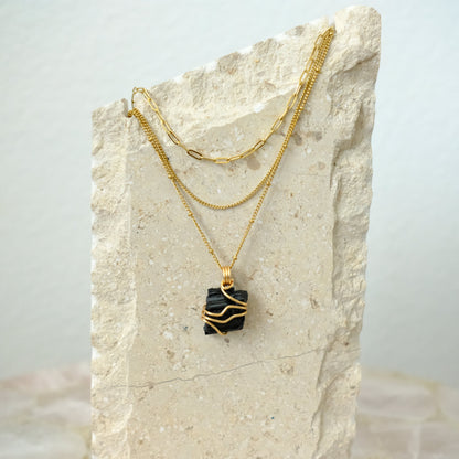 Triple-layered Black Tourmaline gold-plated necklace, handmade crystal jewelry for protection, grounding, and resilience