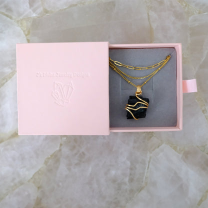 Black Tourmaline triple-layered gold-plated necklace in luxury gift packaging from J’s Divine Jewelry Designs