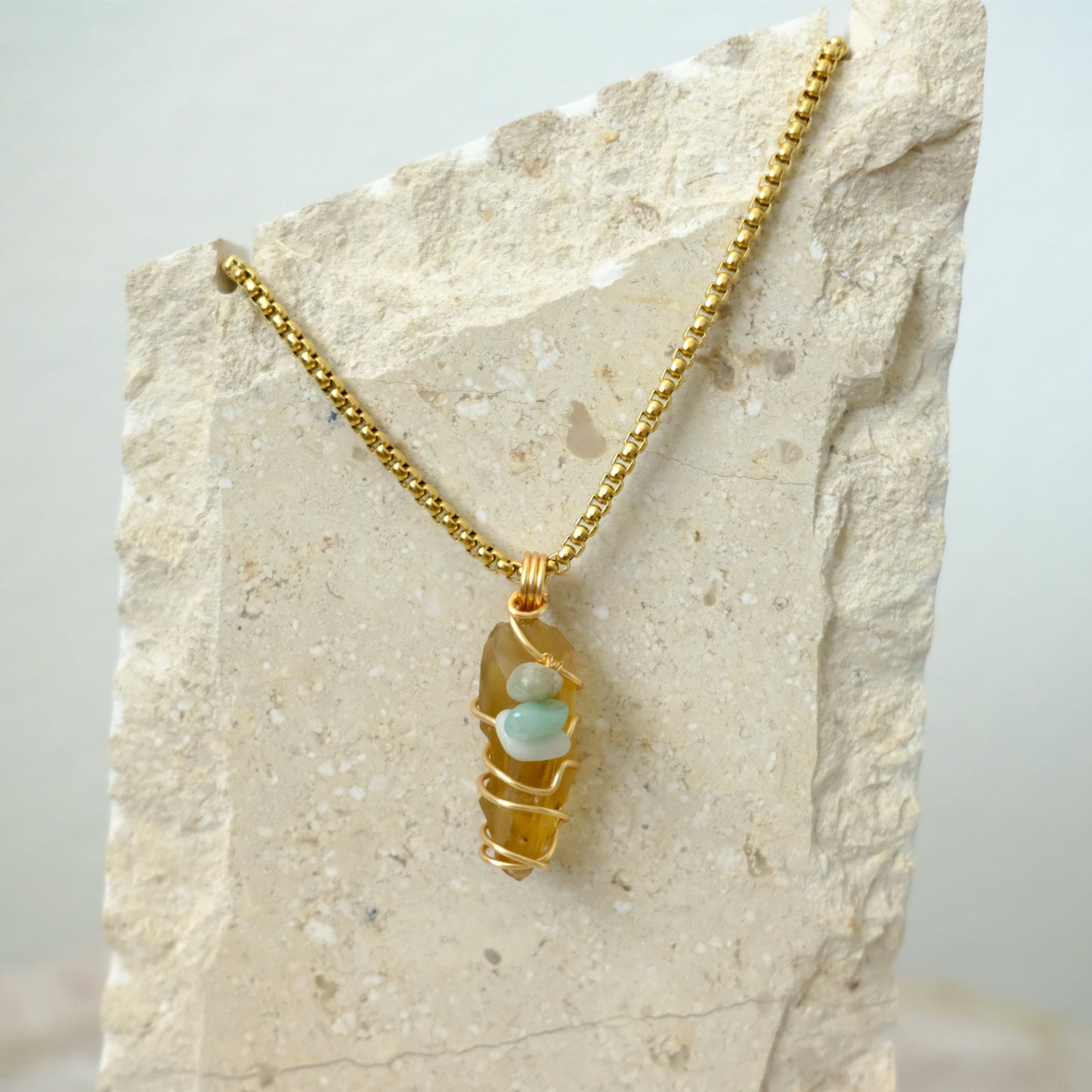 Closeup of handmade Citrine and Jade gold-plated necklace, artisan crystal jewelry by J’s Divine Jewelry Designs
