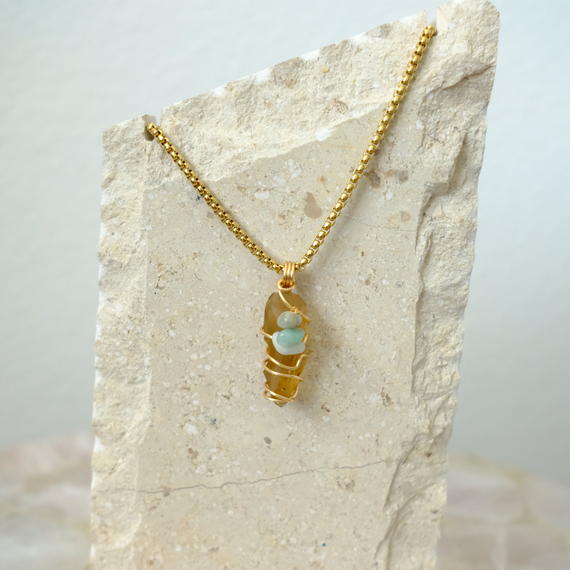 Handmade Citrine and Jade gold-plated necklace, crystal jewelry for abundance, balance, and positive energy