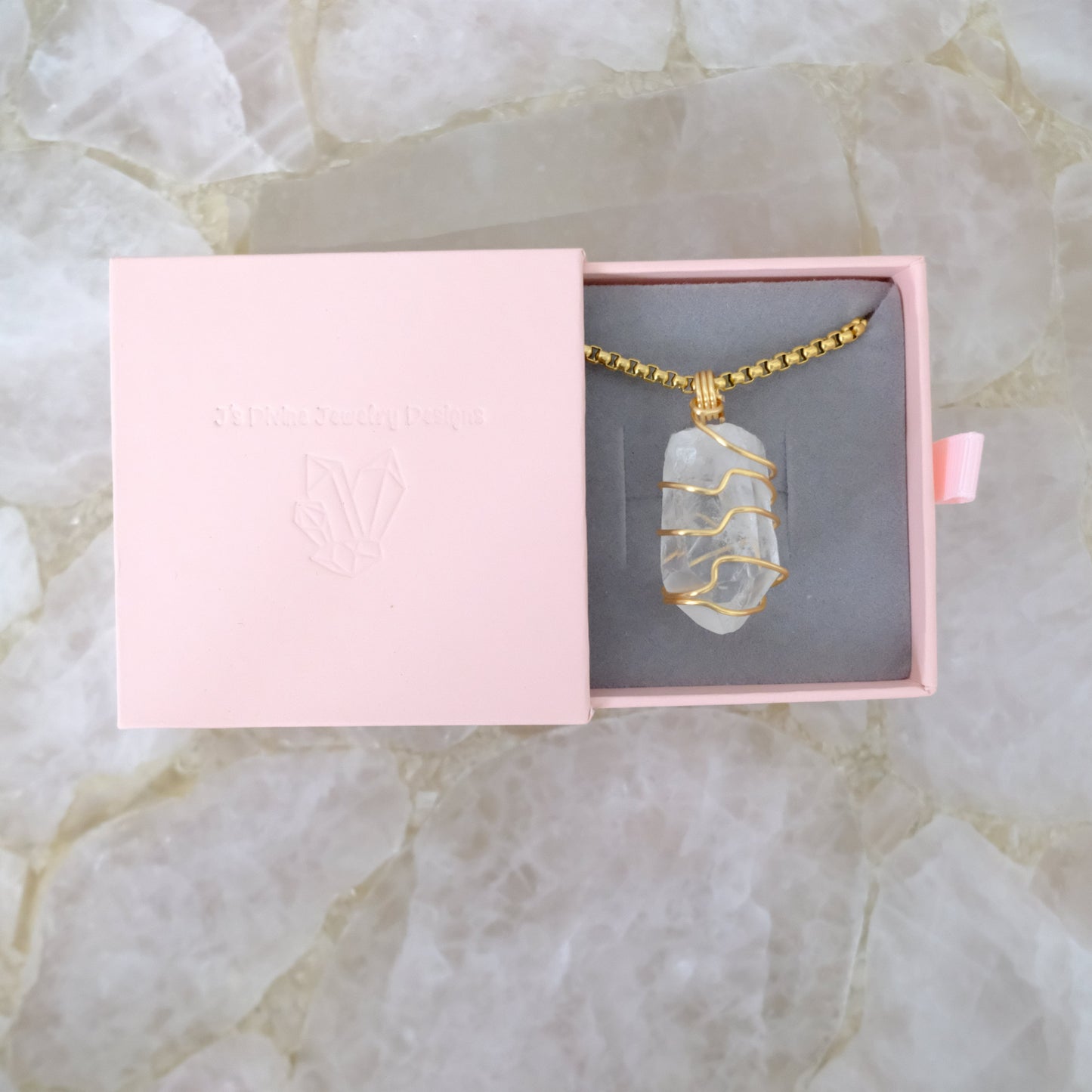 Clear Quartz gold-plated necklace in luxury gift packaging from J’s Divine Jewelry Designs