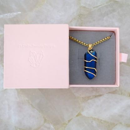 Gold-plated cobalt aura quartz necklace displayed in J's Divine Jewelry Designs luxury gift box, perfect for gifting.