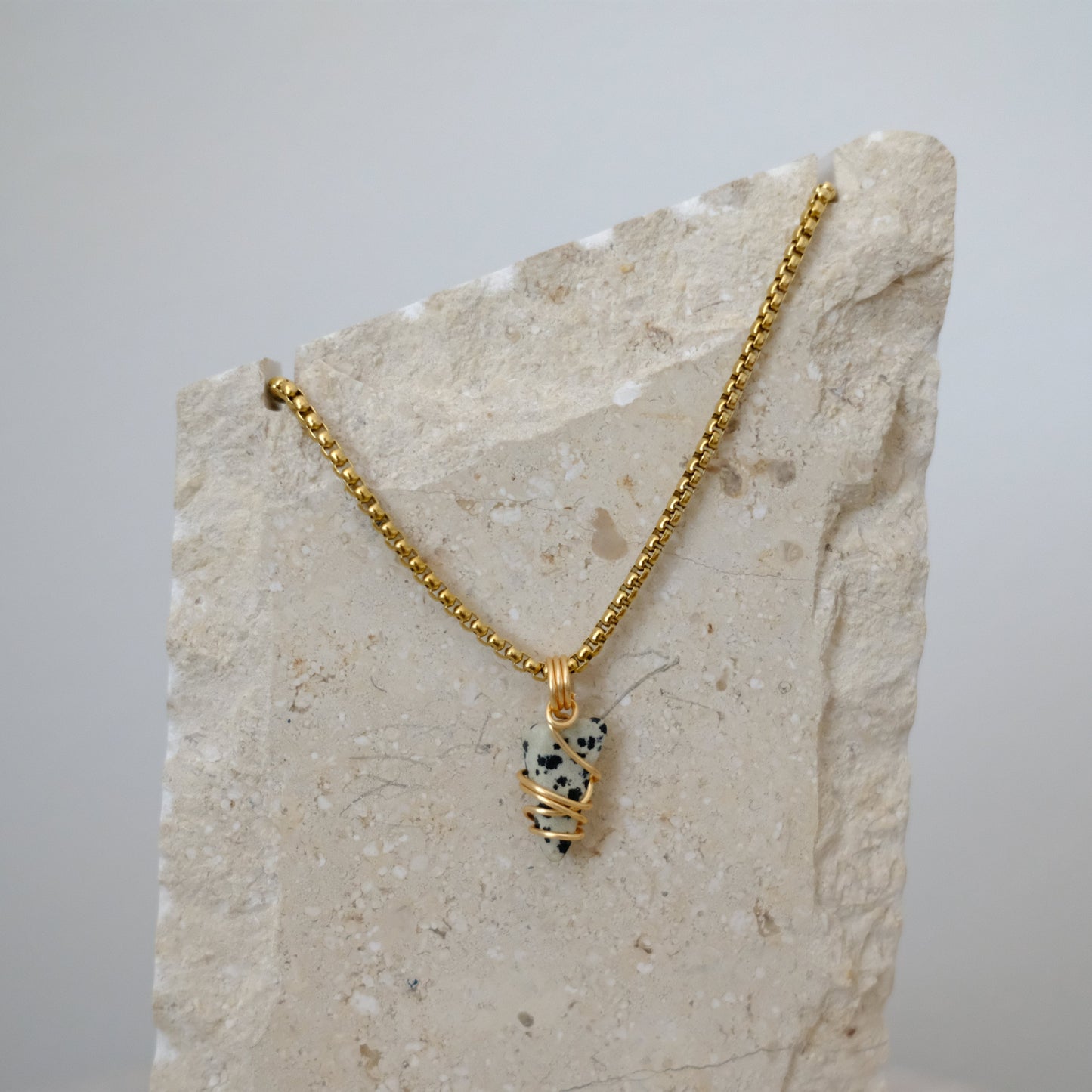 Handmade gold-plated dalmatian jasper necklace with genuine spotted crystal, luxury jewelry for grounding and positivity