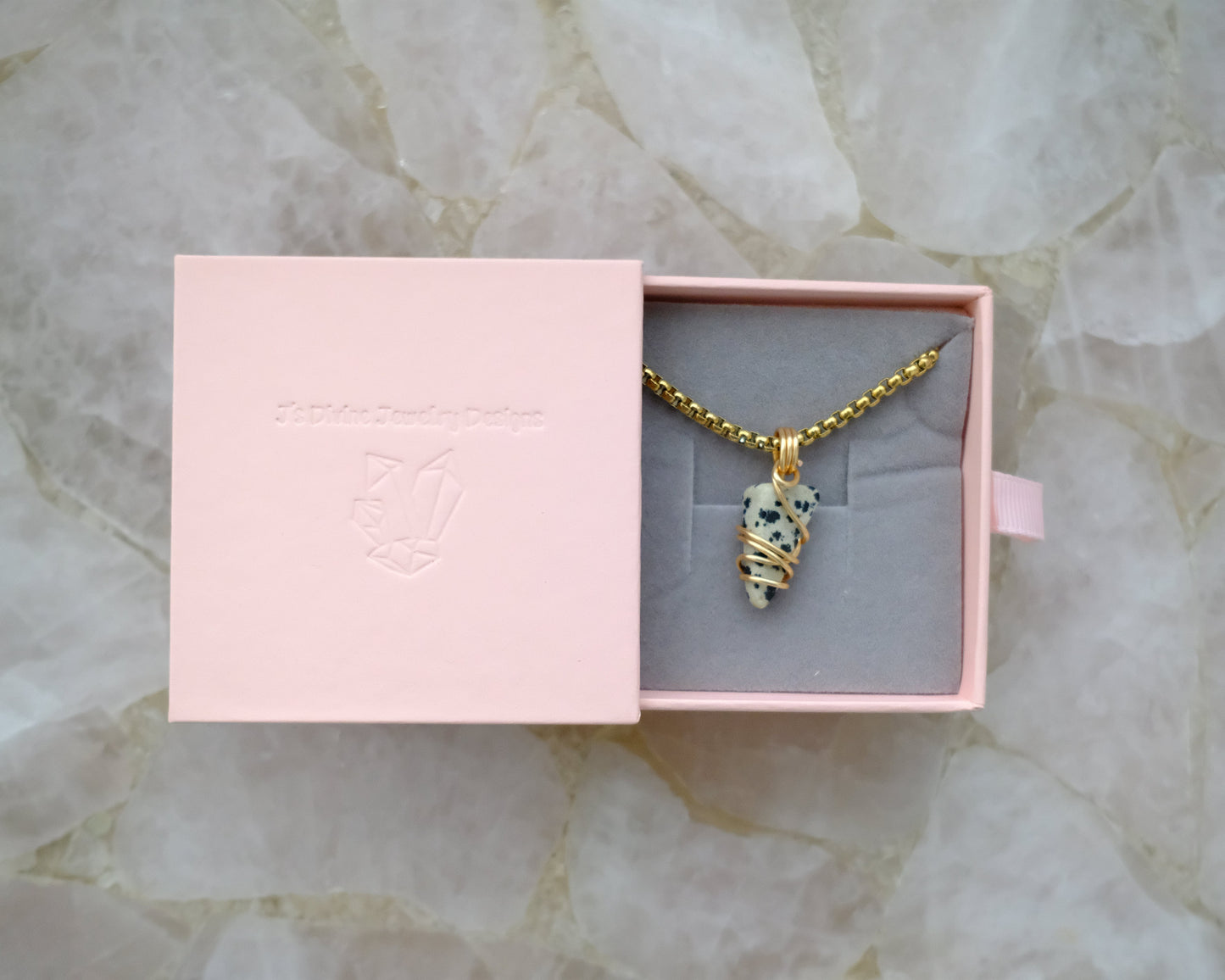 Gold-plated dalmatian jasper necklace displayed in J’s Divine Jewelry Designs luxury gift box, perfect for gifting.