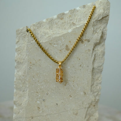 Handmade gold-plated golden topaz necklace with genuine yellow crystal, luxury jewelry for abundance, confidence, and joy.