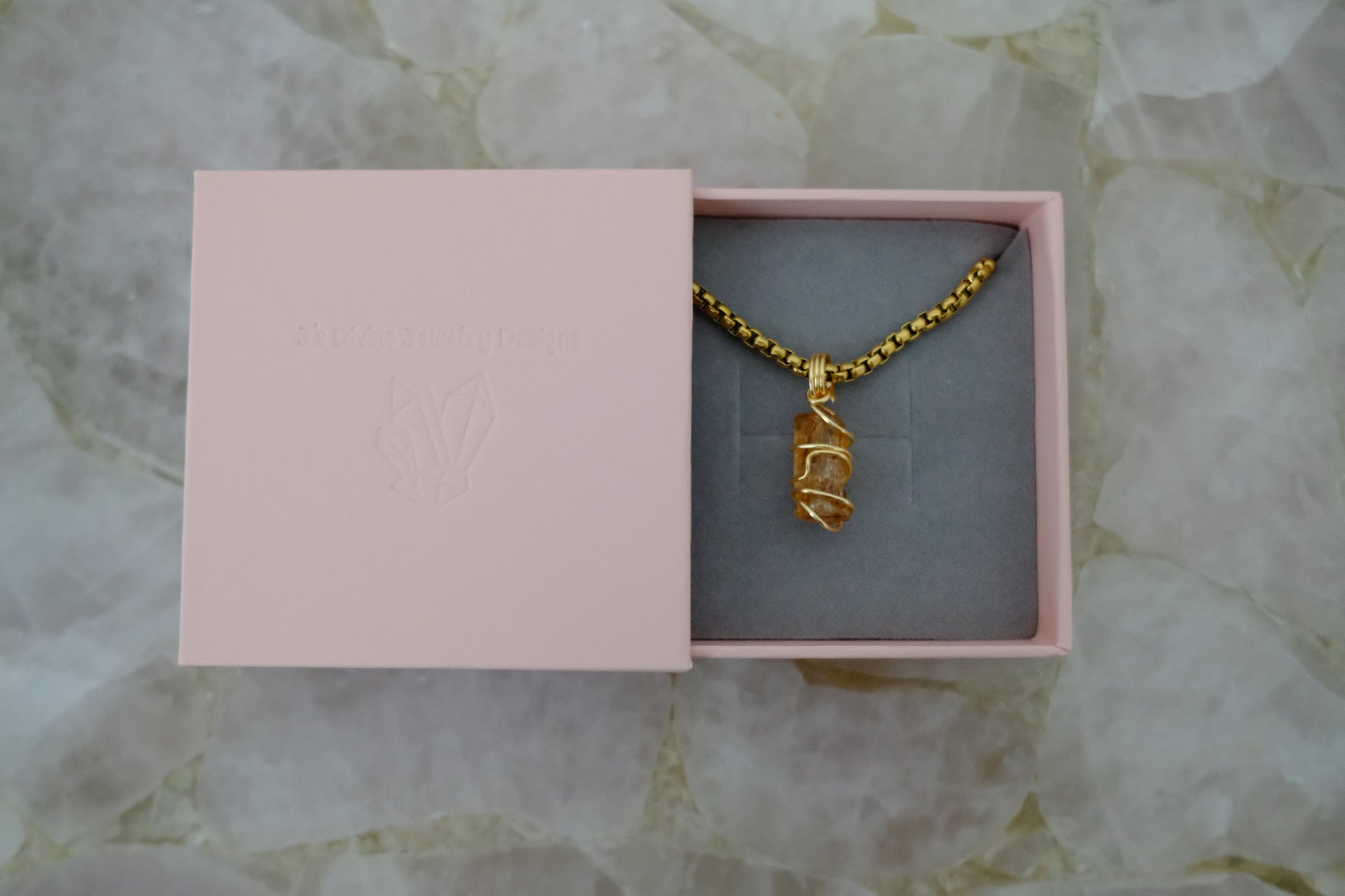 Gold-plated golden topaz necklace in J’s Divine Jewelry Designs luxury gift box, perfect for gifting and manifestation energy.