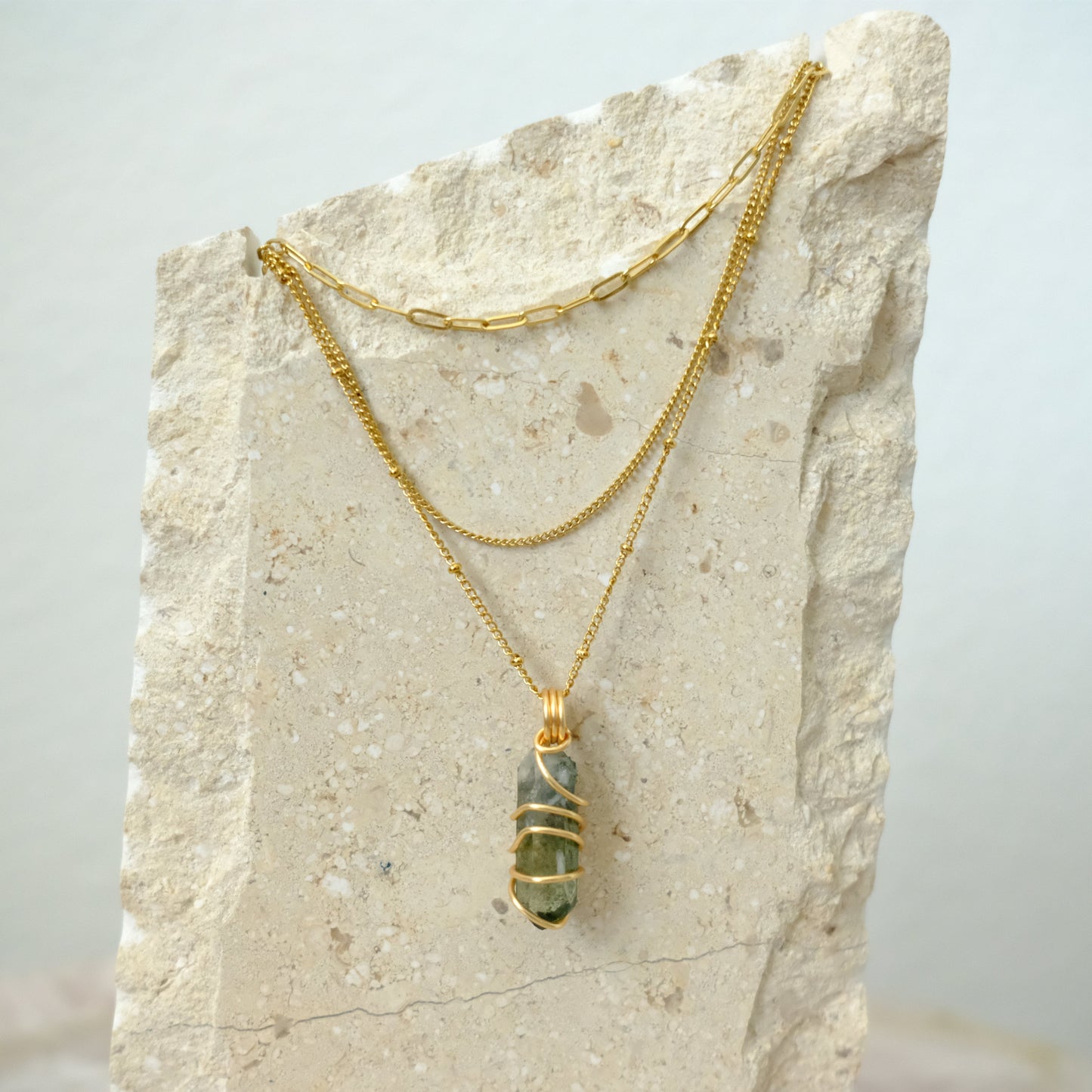 Closeup of handmade Green Phantom Quartz gold-plated layered necklace, artisan crystal jewelry by J’s Divine Jewelry Designs