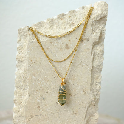Closeup of handmade Green Phantom Quartz gold-plated layered necklace, artisan crystal jewelry by J’s Divine Jewelry Designs