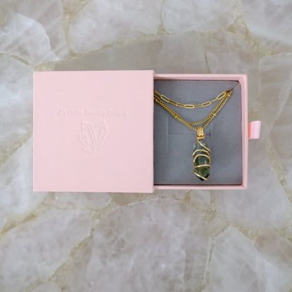 Green Phantom Quartz gold-plated layered necklace in luxury gift packaging from J’s Divine Jewelry Designs