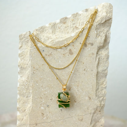 Closeup of handmade Two-Tone Jade triple-layered gold-plated necklace, artisan crystal jewelry by J’s Divine Jewelry Designs