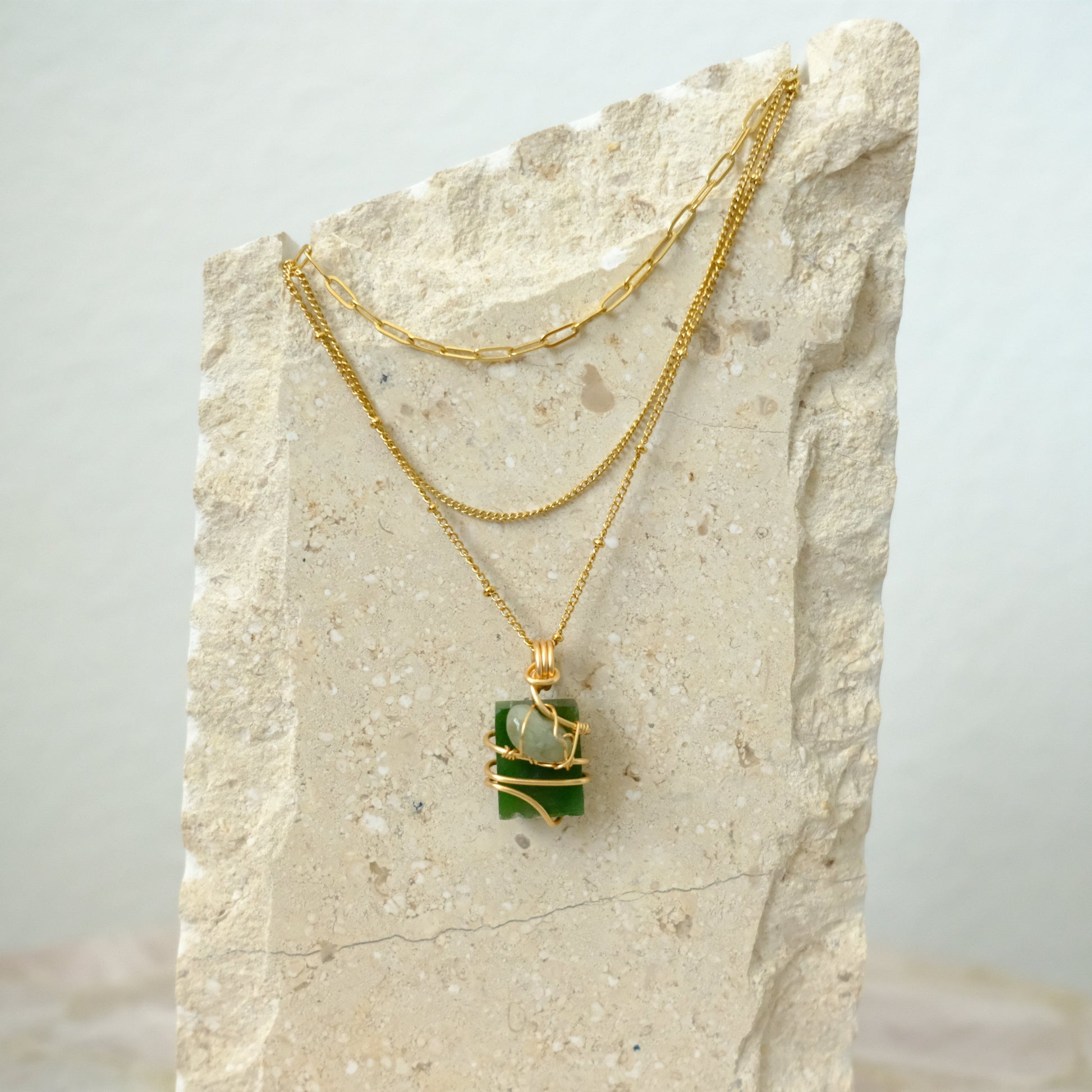 Handmade Two-Tone Jade triple-layered necklace with gold plating, crystal jewelry for harmony, prosperity, and balance