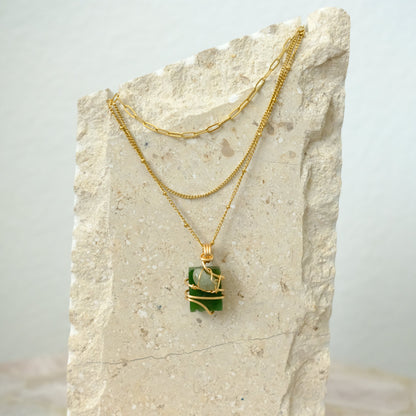 Handmade Two-Tone Jade triple-layered necklace with gold plating, crystal jewelry for harmony, prosperity, and balance